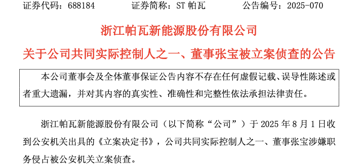 ST帕瓦实控人被立案侦查！占用公司资金近2亿元